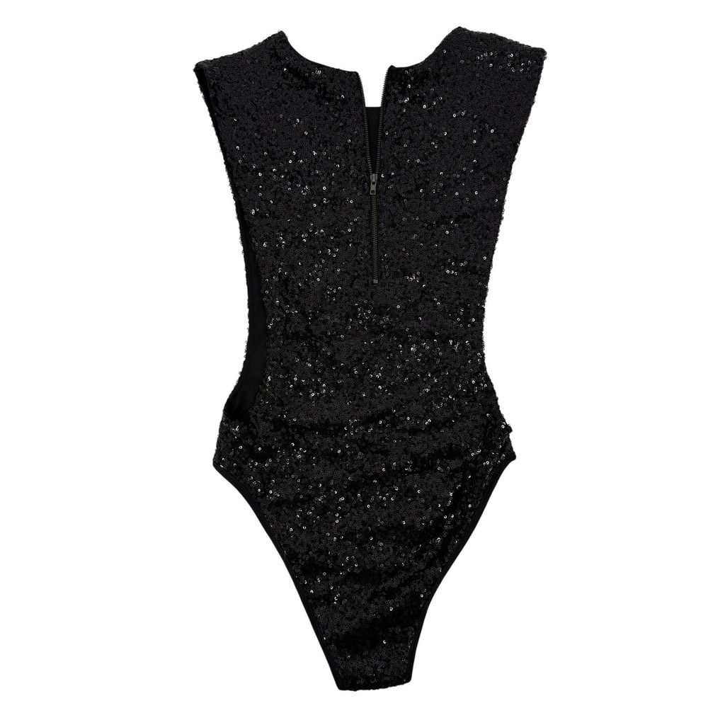 Rehab S Black Sequin Sleeveless Bodysuit Party Clubwear  Disco Nightlife Bodycon